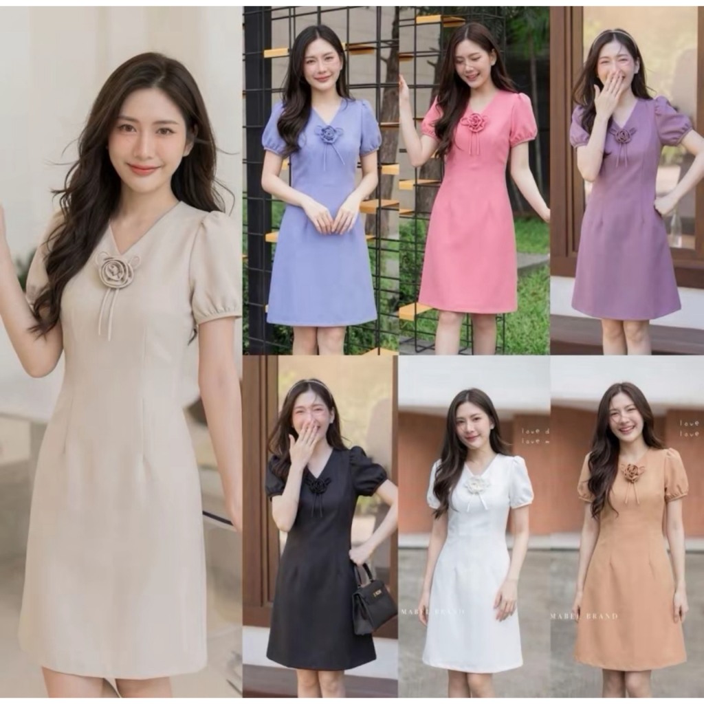 Z09 ผ้าเปเป้อัดกาว แถมดอกกุหลาบ เดรสคอวี  ทรงA