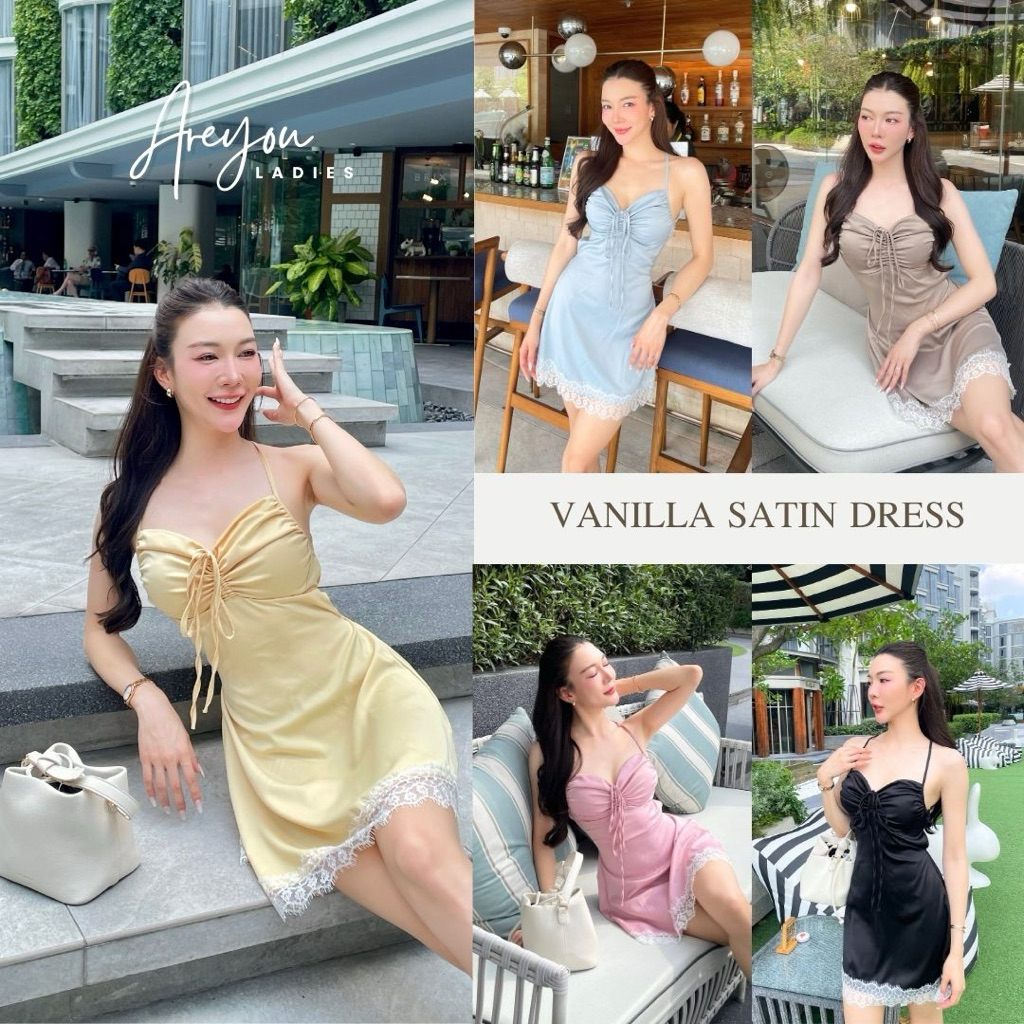 NO.610Vanilla Satin Dress เดรสซาตินสายเดี่ยวสม๊อคเว้าหลัง
