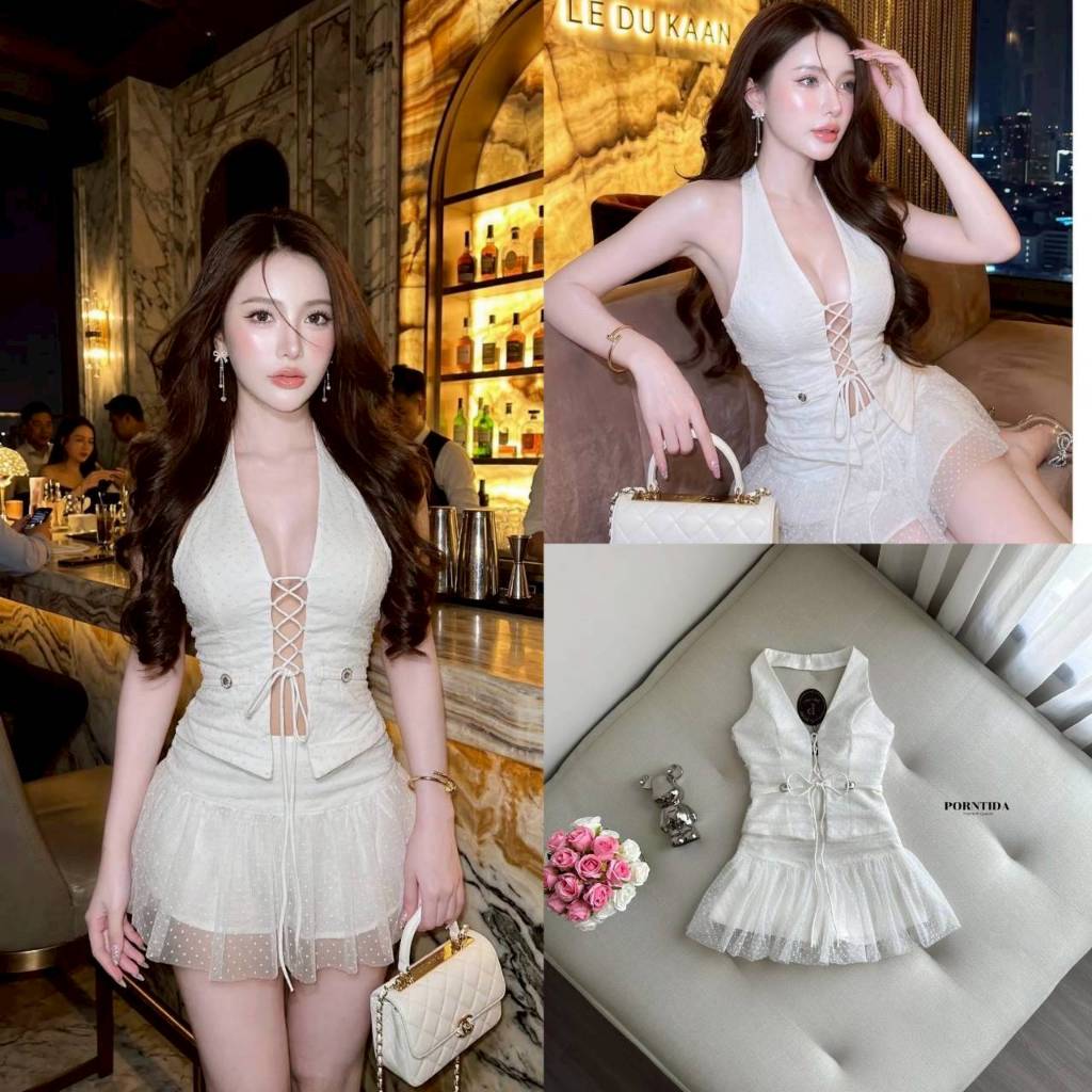 Porntida ชุดเซต2 ชิ้น เสื้อคล้องคอสีขาวหน้าอกเสื่อมฟองนมงานถักด้านหน้าและกระโปรงสีขาว