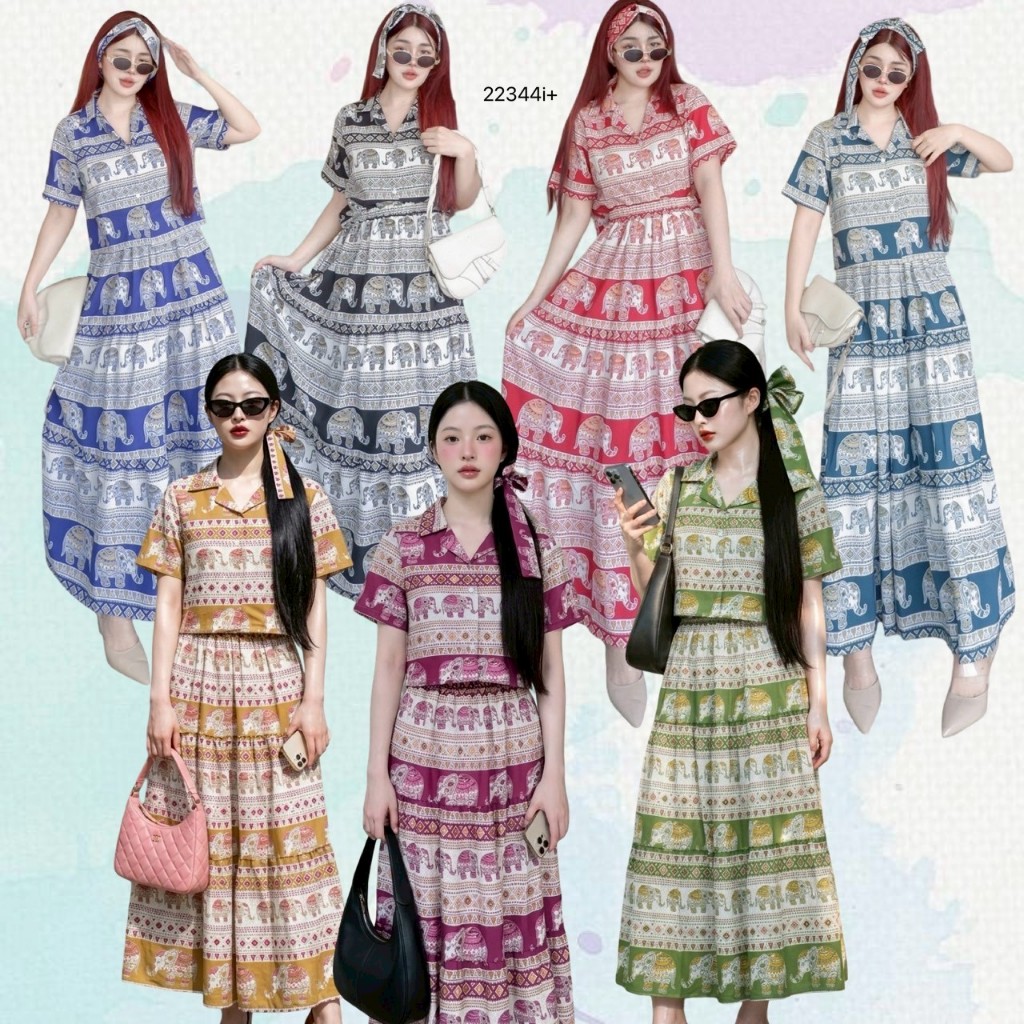 Set 3 ชิ้น #ลายช้าง เสื้อเชิ้ตทรงครอป +กระโปรงยาว +สายผูกโบว์ TT22344