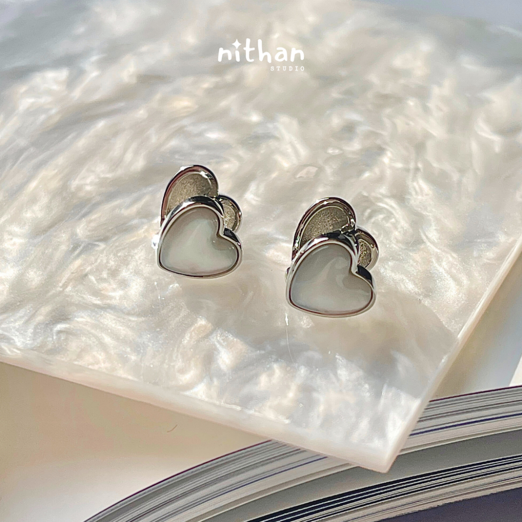 Nithan ต่างหูแป้นมินิหัวใจมุก I Moonlight Love Stud Earrings (size 9 mm) I เงินแท้ 925 Silver Sterli