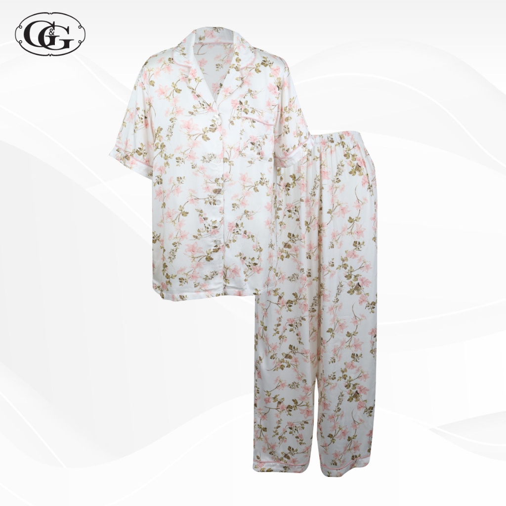 G&G ชุดนอน เสื้อแขนสั้นคอปก กางเกงขายาว ผ้าเรย่อน ลายดอกไม้ EN4R003