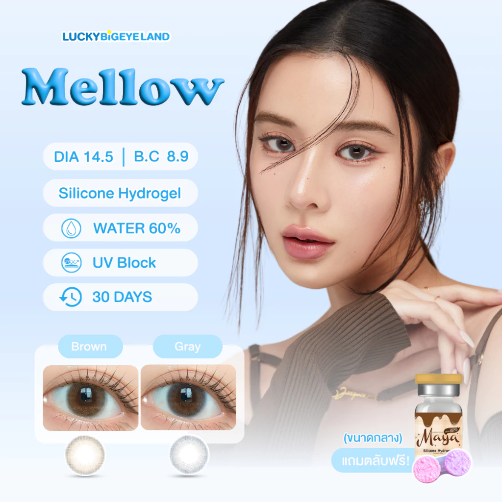รุ่นเก้า เลนส์ซิลิโคนไฮโดรเจล ⭐️ คอนแทคเลนส์ Mellow Brown / Gray (Mayalens) ขนาดกลาง 💙 ค่าอมน้ำสูง