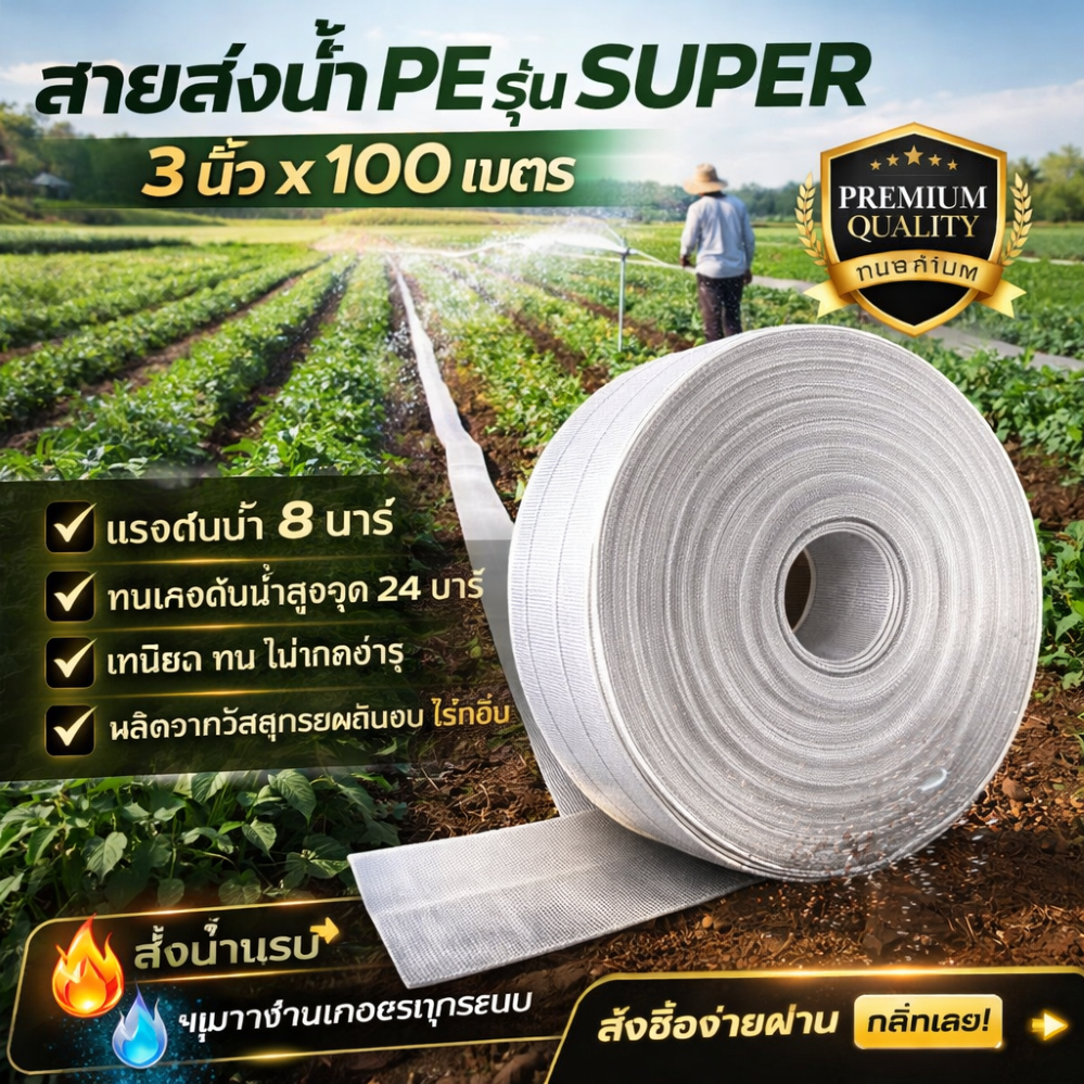 สายส่งน้ำผ้าใบ PE สีขาวเกรดหนา รับแรงดันน้ำสูง 24 บาร์ สายเหนียวไม่รั่วซึม ลากใช้งานสะดวกไม่พับงอ ขน