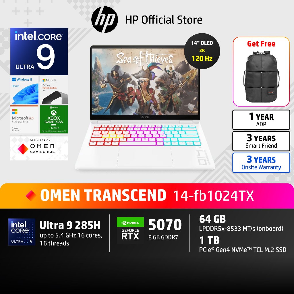 HP OMEN Transcend Ultra 9 285H | RTX 5070 | 64GB/ 1TB | 3K OLED 120Hz | Win11+MS24 | 3Yrs