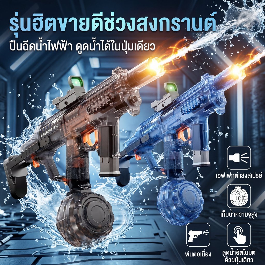 ปืนฉีดน้ำไฟฟ้า MK3 ปืนฉีดน้ำสงกรานต์ ออโต้ยิงรัว ระยะไกล ถังใหญ่ ไฟปลายกระบอก ตัวใส แบตถอดได้ ชาร์จได้ ดูดน้ำปุ่มเดียว