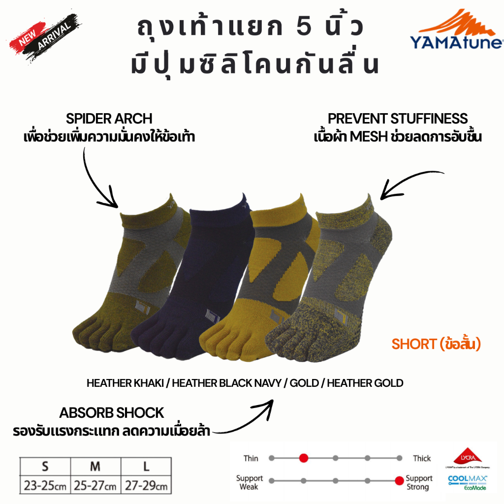 ถุงเท้ากันลื่นแบบแยกนิ้ว YAMATUNE SPIDER ARCH MIDDLE 5 TOE NON SLIP DOTS