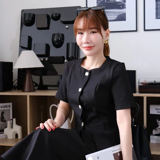 Lawyer Store | [5581720] [5581720-1] (ขายแยกชิ้น) ชุดเซ็ท เสื้อสูทแขนสั้น ชายเสื้อแต่งจีบ กับ กระโปรงยาว เอวสม็อค