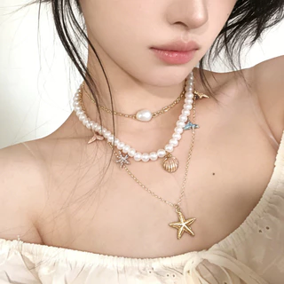สร้อยคอ necklace สไตล์เกาหลี ins แฟชั่น สำหรับผู้หญิง เปลือกหอย ไข่มุก ดาวทะเล หลายชั้น ริมทะเล วันหยุดพักผ่อน COD