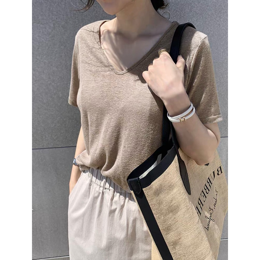 เสื้อยืดผ้าสลาฟ คอวี ใส่หน้าร้อน พร้อมส่ง