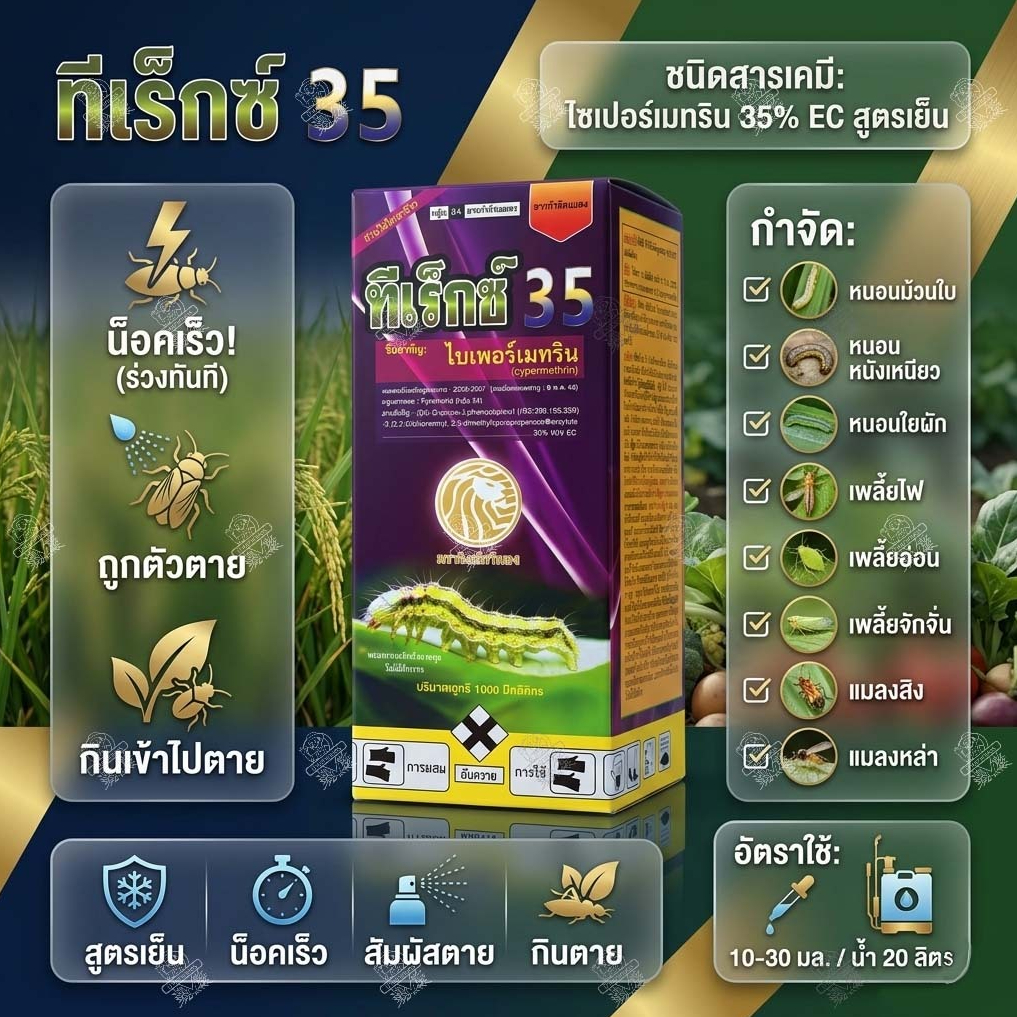 ไซเปอร์เมทริน 35% ทีเร็กซ์ 35 ยาสูตรเย็น น็อคหนอน กำจัด เพลี้ย แมลงสิง แมลงหล่า 100cc 500cc 1ลิตร