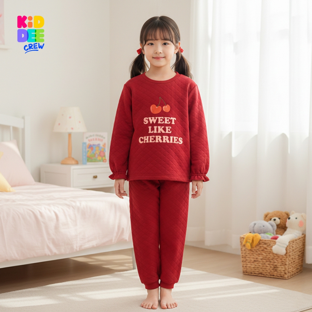KiddeeCrew ชุดนอนเด็ก สีแดงพิมพ์เชอรี่ ผ้าแซนวิช เหมาะสำหรับอายุ 1-14 ปี