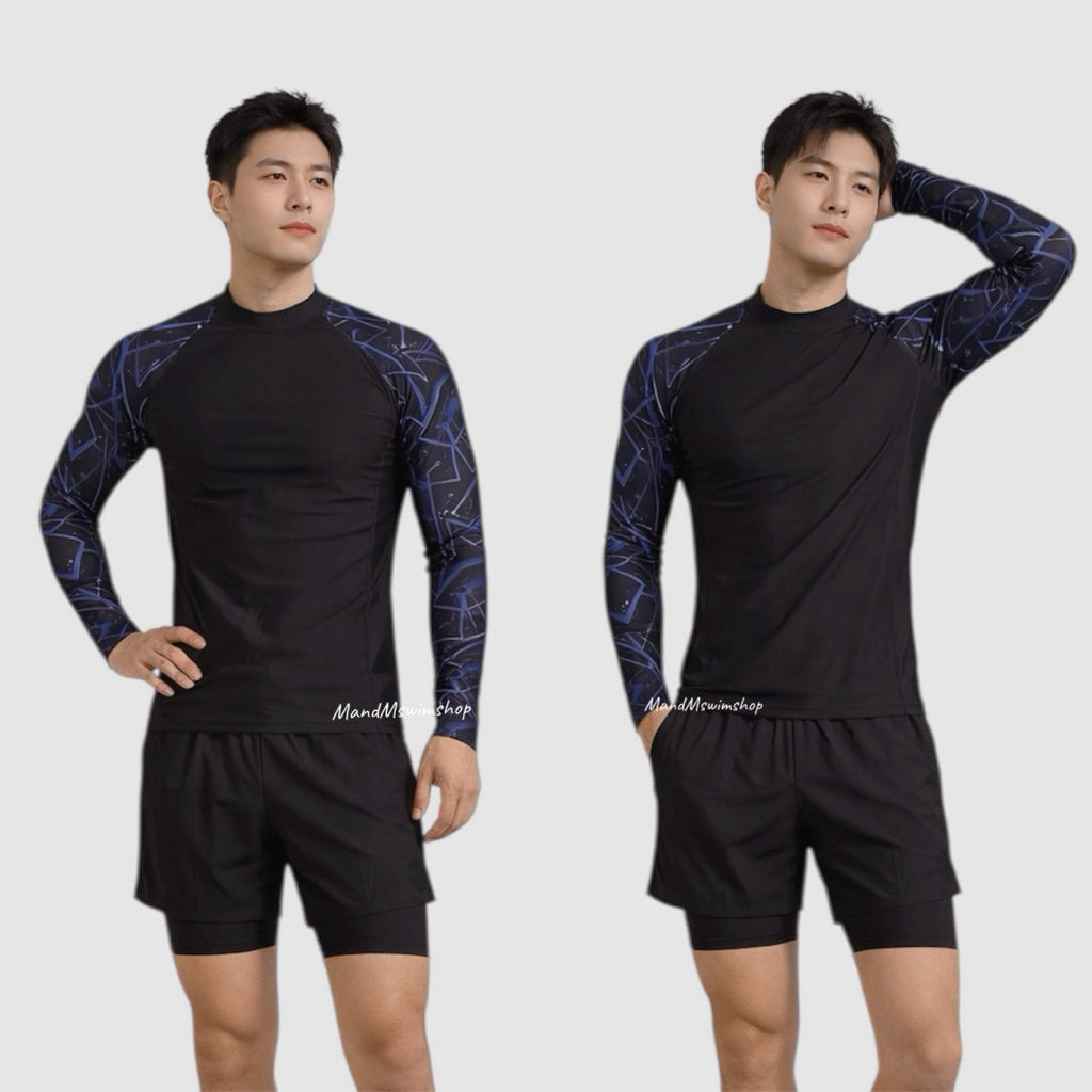 ชุดว่ายน้ำผู้ชายแขนยาวกันยูวี ใส่คู่กับ กางเกงว่ายน้ำผู้ชายสองชั้น ชุดว่ายน้ำผู้ชายแขนสั้น UV  M-6XL