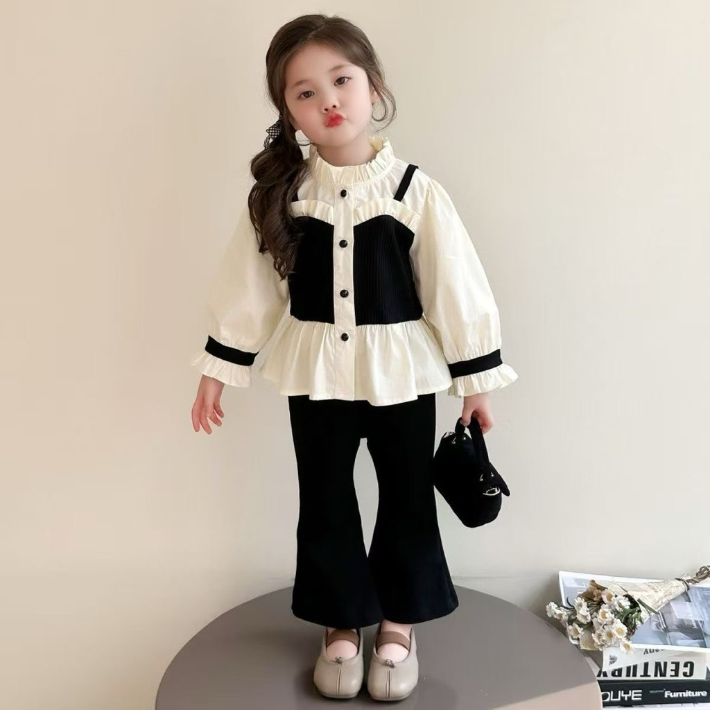 [Namsaii kids] F-017🔥พร้อมส่ง🔥ชุดเซท2ชิ้น ชุดเด็กผู้หญิง เสื้อแขนยาวแต่งกั้ก+ กางเกงขายาวสีดำทรงบาน สไตล์เกาหลี