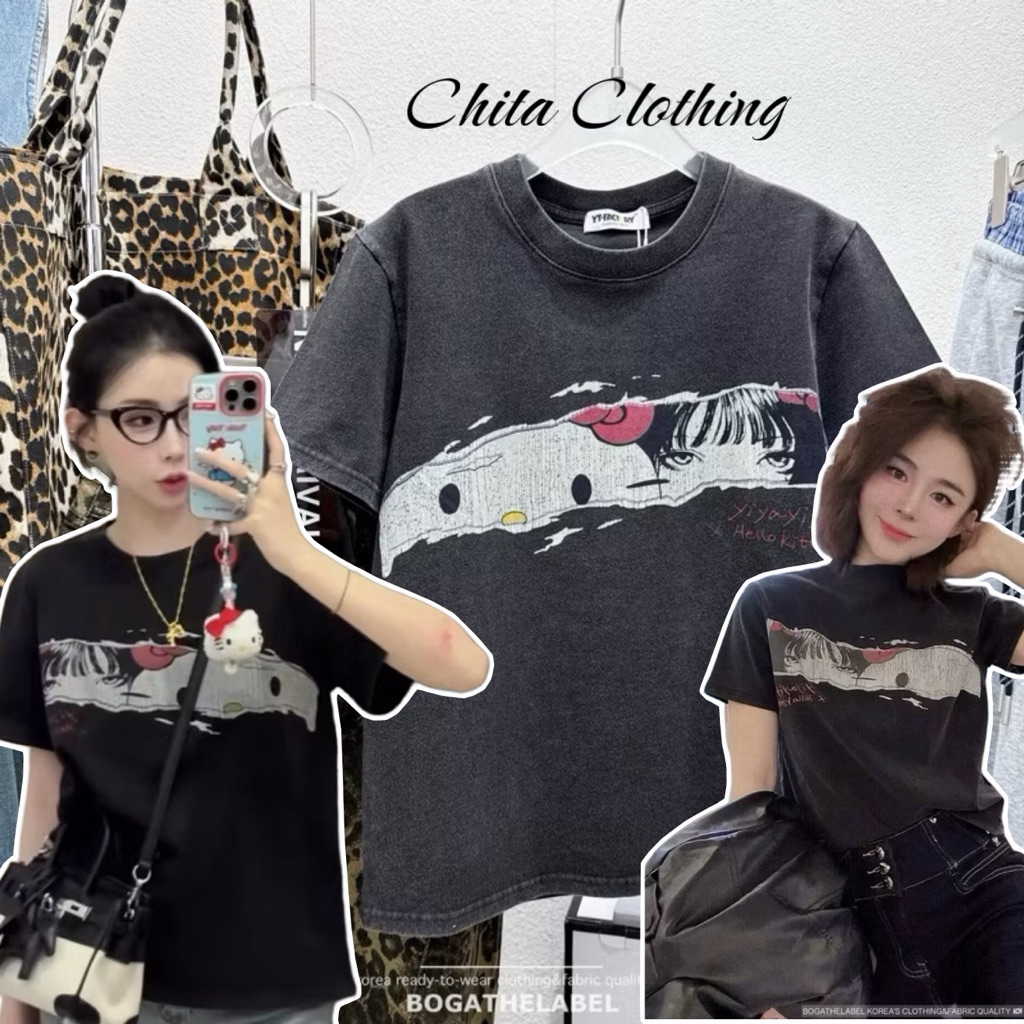 📍พร้อมส่ง📍Yiyayoyo x Kitty slim tee • เสื้อยืดพอดีตัวผ้าฟอกสีiไม่ดำสนิท พิมพ์ลายคาดกลางอก Tag YT Factory🇰🇷