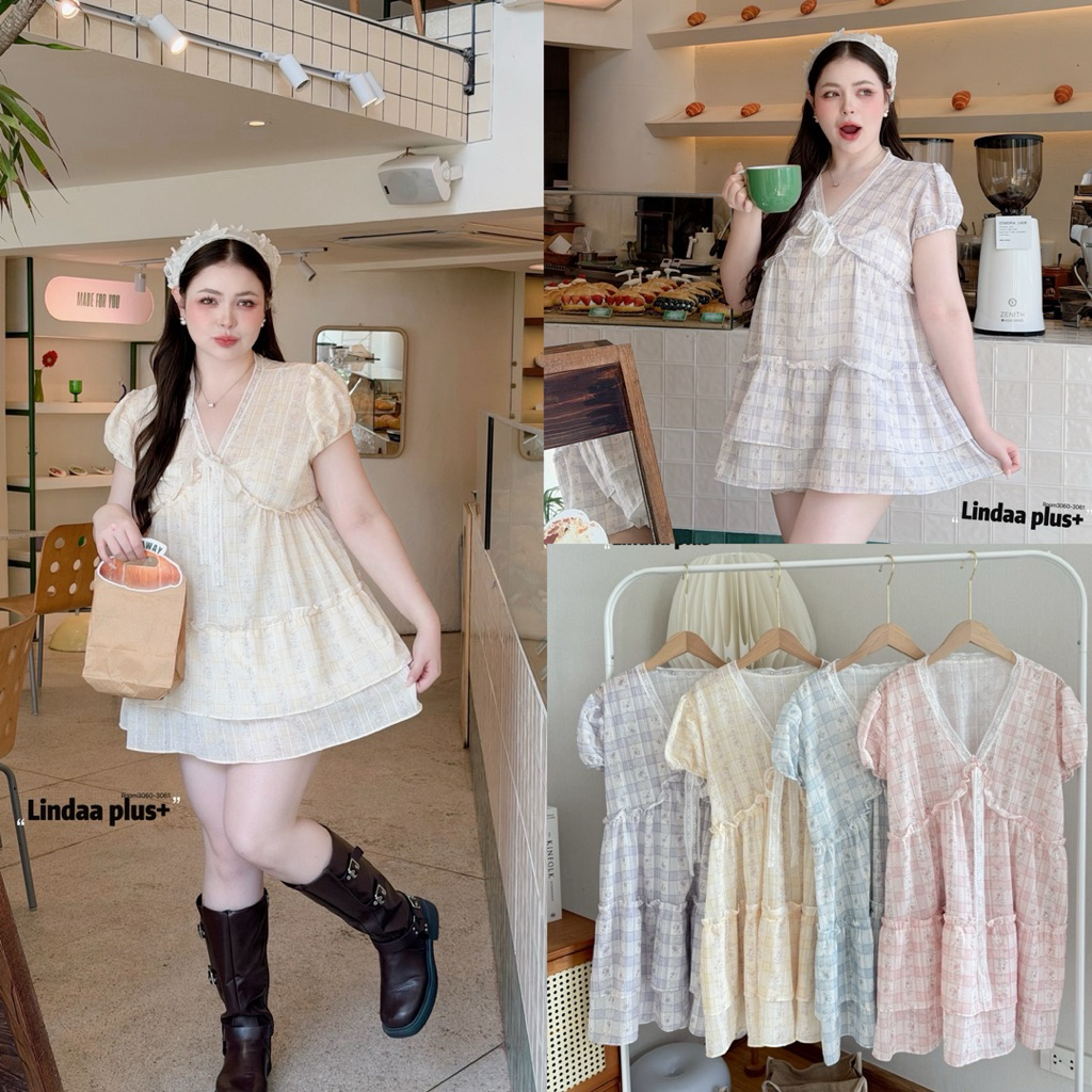 (LD) มินิเดรสคอวี ลายผ้าน่ารักสีละมุน แต่งลูกไม้ น่ารักปุ้กปิ้ก เสื้อผ้าสาวอวบอ้วน พลัสไซส์ ไซส์ใหญ่