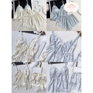 🌙 ชุดนอนผู้หญิง ผ้าซาตินสายเดี่ยว ลูกไม้ แต่งโบว์ ลายน่ารัก …