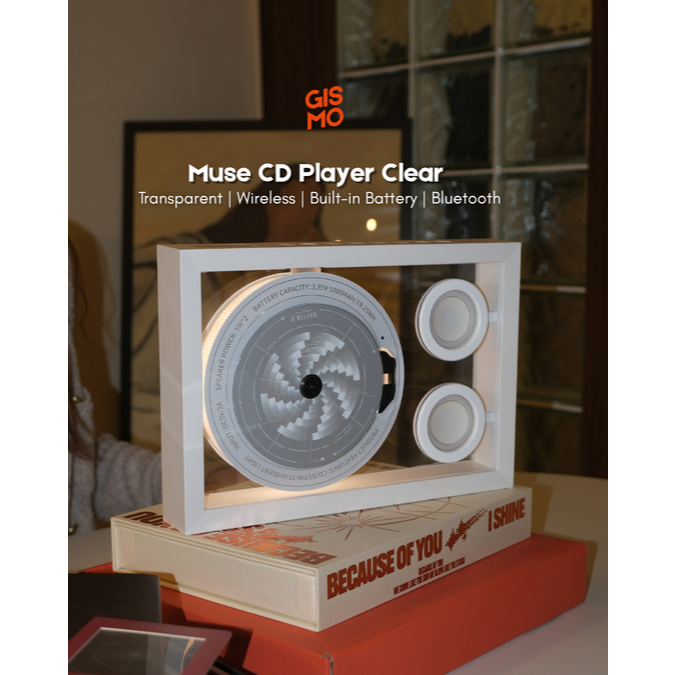 GISMO |  CD Player Muse Clear เครื่องเล่นซีดี ดีไซน์โปร่งใสพรีเมียม ฟัง CD  Bluetooth มีแบตในตัว เสียง Hi-Fi แต่งห้องได้
