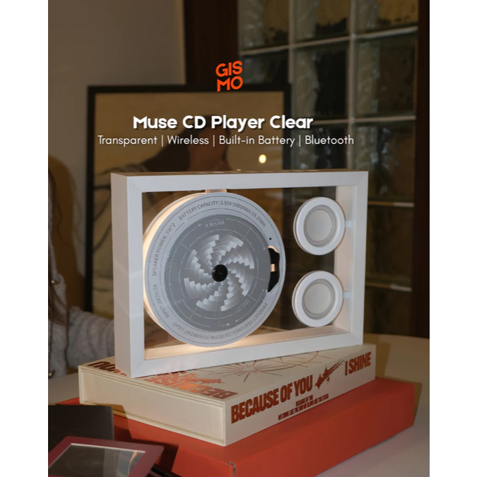 GISMO | CD Player Muse Clear เครื่องเล่นซีดี ดีไซน์โปร่งใสพรีเมียม ฟัง CD Bluetooth มีแบตในตัว เสียง Hi-Fi แต่งห้องได้
