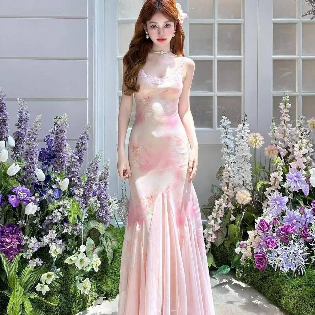 🌼 summer สไตล์ฟ้าโรแมนติก สีชมพู beach dress  เซ๊กซี่ ยาว มาร์เมด รัดเอว flower print dress  ส่งไวจากไทย จำนวนจำกัด!