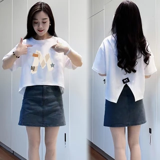 เสื้อครอปสาวอวบน่ารักสไตล์เกาหลี oversize เสื้อผ้าคนอ้วนไซส์ใหญ่ เสื้อยืดสวยๆผู้หญิงฤดูร้อนใหม่ ผ่าด้านหลัง ผ้าใส่สบาย