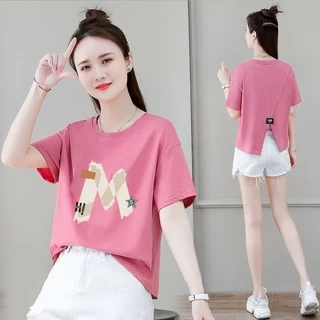 เสื้อครอปสาวอวบน่ารักสไตล์เกาหลี oversize เสื้อผ้าคนอ้วนไซส์ใหญ่ เสื้อยืดสวยๆผู้หญิงฤดูร้อนใหม่ ผ่าด้านหลัง ผ้าใส่สบาย