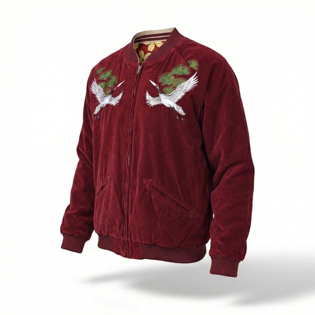 เสื้อแจ็คเก็ตญี่ปุ่น Sukajan ปักนกกระเรียน ลายคลื่น ภูเขาไฟ ซากุระ แจ็คเก็ตวินเทจ ผ้ากำมะหยี่ แบรนด์