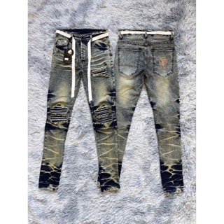 กางเกงยีนส์เข้มขายาวแต่งขาด V.2 แถมเข็มขัดเชือกฟรี ทรงสวย พร…