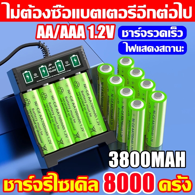 🔋ไม่ต้องซื้อแบตอีกต่อไป🔋ถ่านชาร์จ AA / AAA3800mAh1.2V ความจุสูงทนนาน ป้องกันระเบิด แบตเตอรี่ 4ก้อน+แท่นชาร์จมีสาย4ช่อง