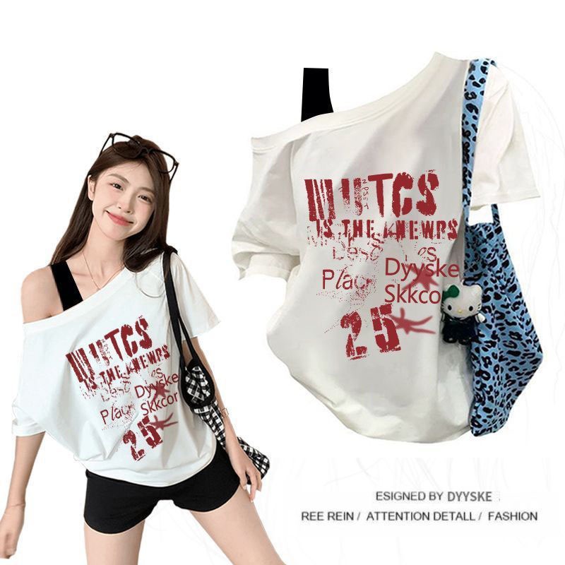 KKS✨พร้อมส่ง✨เสื้อยืดแขนสั้น ปาดไหล่ ทรงหลวม เนื้อผ้านิ่ม ผ้าคอตตอนใส่สบาย สาวอวบใส่สวย