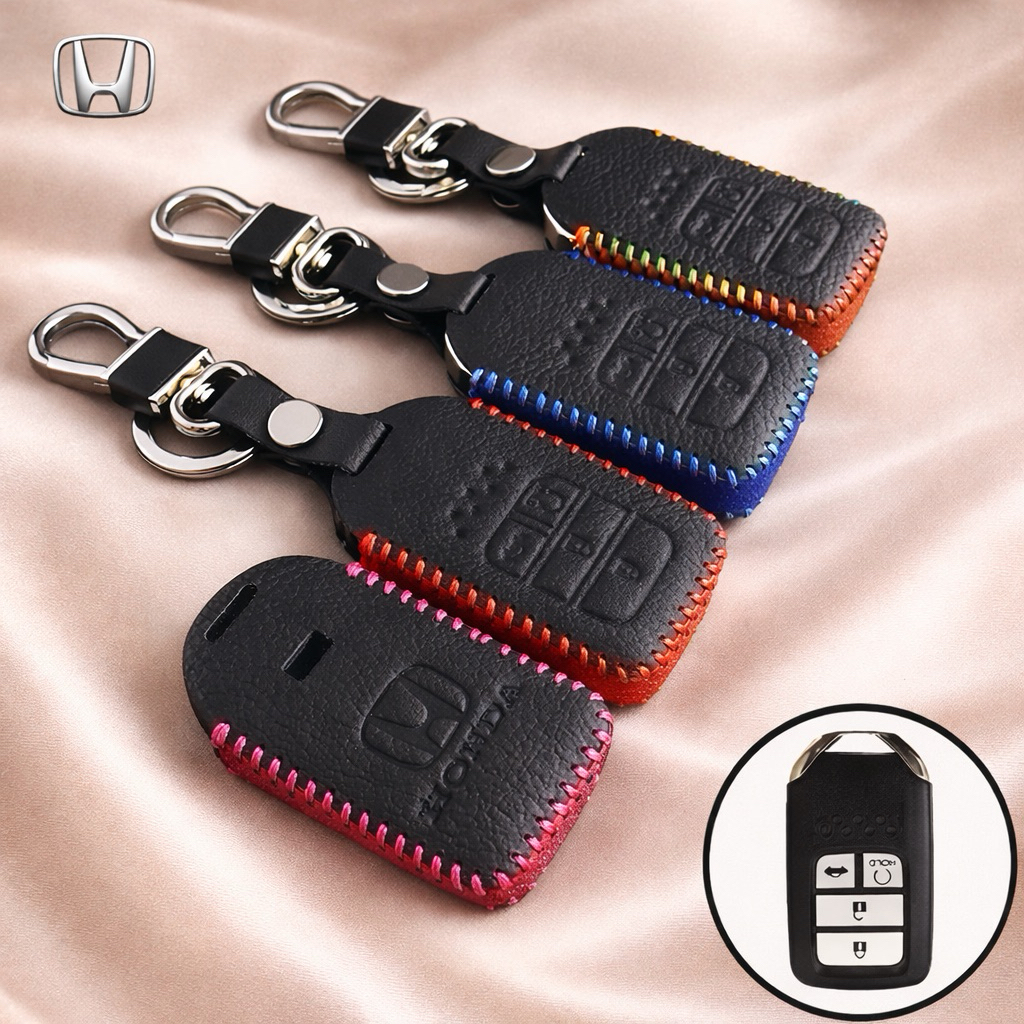 ซองหนังแท้ ใส่กุญแจรีโมทรถยนต์ รุ่นด้ายสีทรูโทน All New Honda Accord,Civic 2016-21 Smart Key 4 ปุ่ม