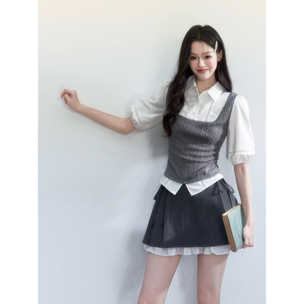 fragile heart - Two-Piece Color Block Shirt with Puff Sleeves and skirt