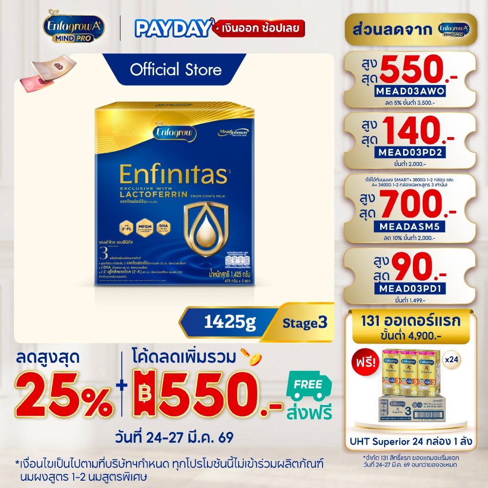 นมผง เอนฟาโกร เอนฟินิทัส สูตร3 (1425 กรัม) Enfagrow Enfinitas Stage3 (1425 g)