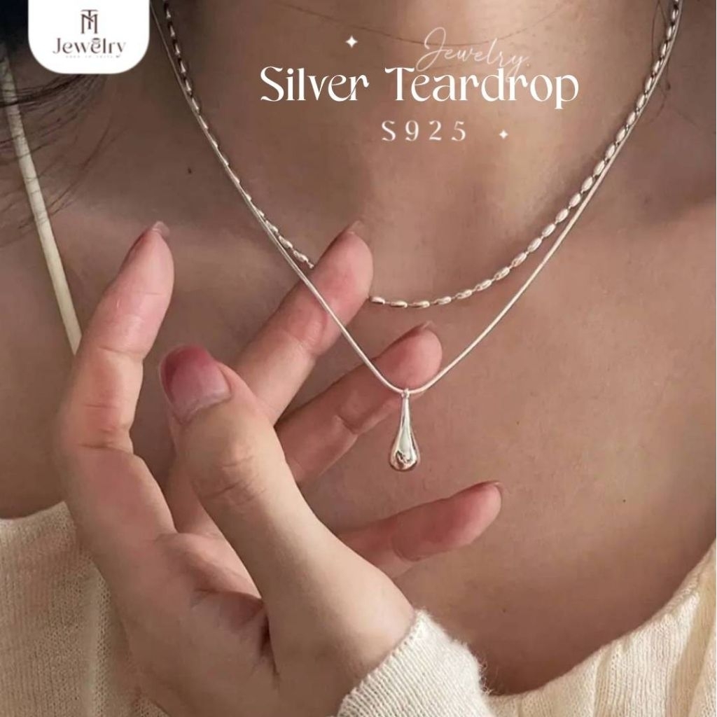 ✨ TM Jewelry ✨ สร้อยคอเงินแท้ 92.5% Silver Teardrop 💎 สร้อยเลเยอร์สองชั้น พร้อมจี้ทรงหยดน้ำ สร้อยคอผ