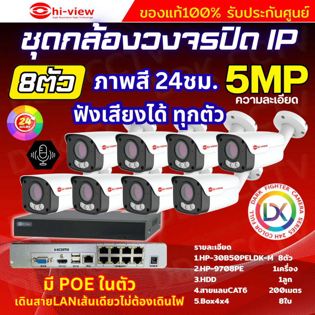 Hiview ชุดกล้องวงจรปิด 5ล้านพิกเซล8ตัว IP ระบบPOE สี24ชม.ฟังเสียงได้ พร้อมเครื่องบันทึก8ช่อง ไม่ต้อง
