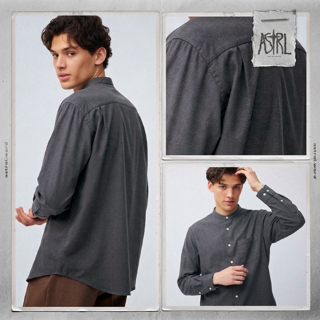GU Band Collar Shirt Long Sleeve - Dark Grey เสื้อคอจีนแขนยาวสีเทาเข้ม (มือสอง)