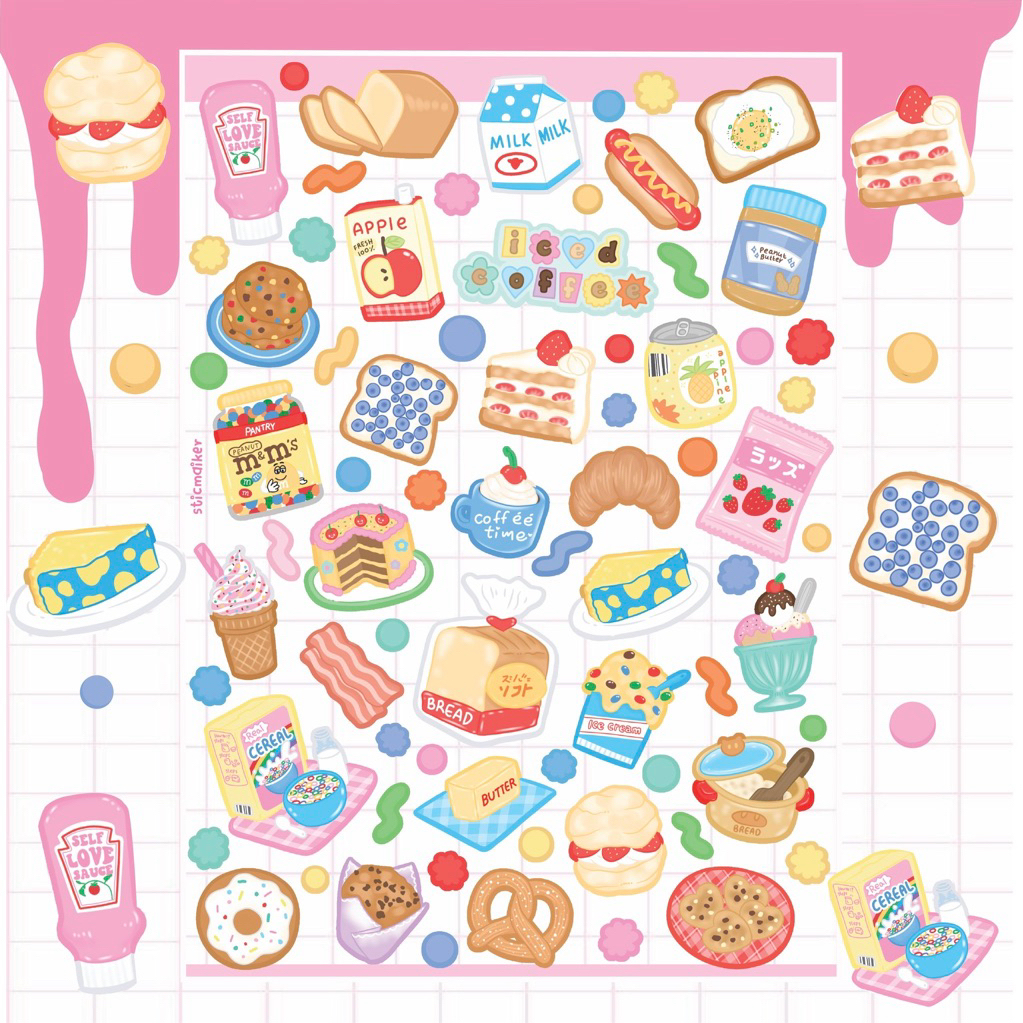 สติกเกอร์ลายขนม🍞🥐🍰สติกเกอร์ไดคัทพร้อมติด (ลงเรซิ่นทับได้) สีสวยคมชัด ไม่มีคราบกาว🩷