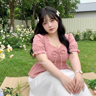C20 💐 [S-XXXXXL] เสื้อสาวอวบ สีพื้นเรียบ ทรงPeplum สวย ใส่สบาย แต่งโบว์หน้า มีสม็อคเอวยืด รอบอกใหญ่พิเศษ 32-60 นิ้ว