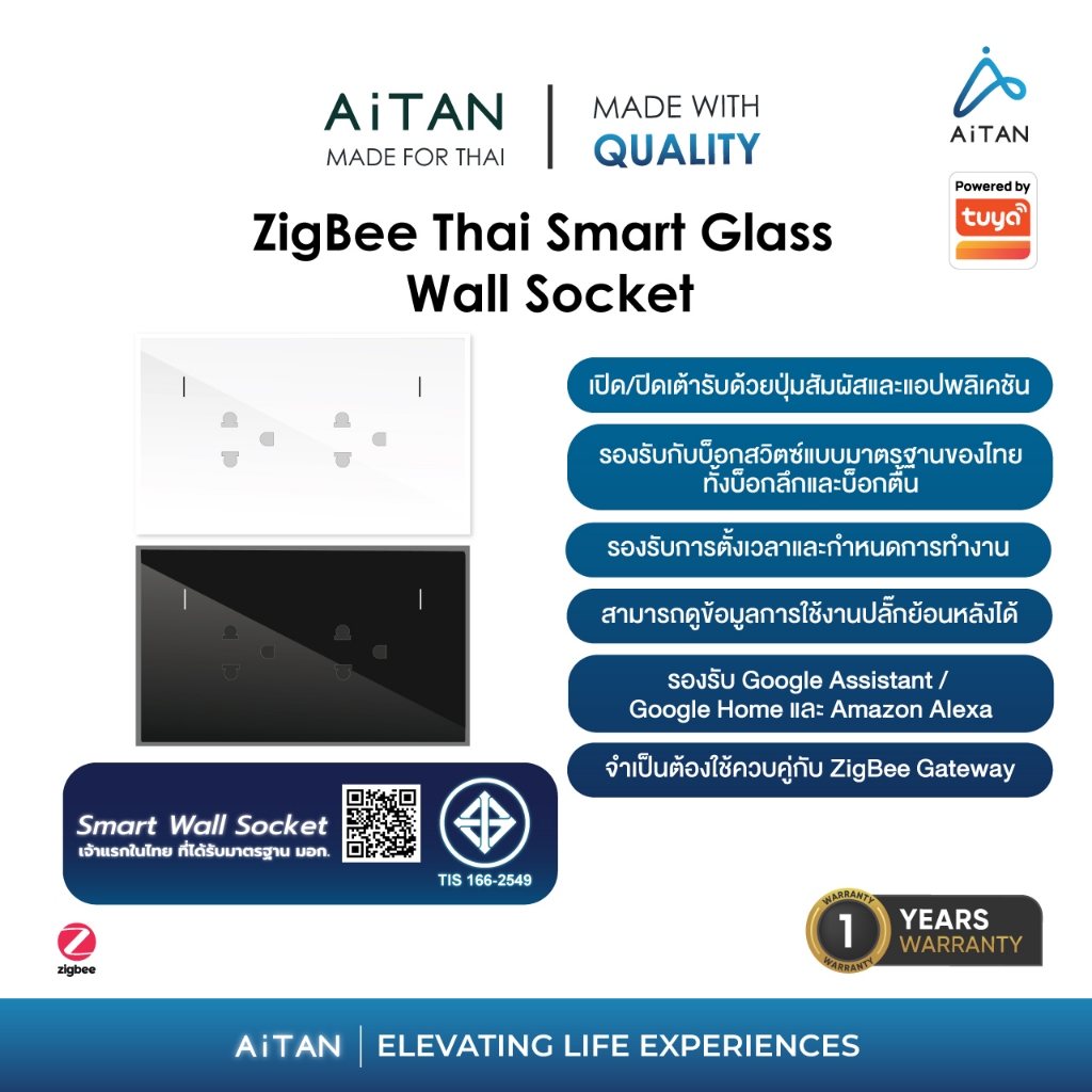 AiTAN X TUYA Zigbee Thai Smart Glass Wall Plug Socket (ปลั๊กติดผนัง)