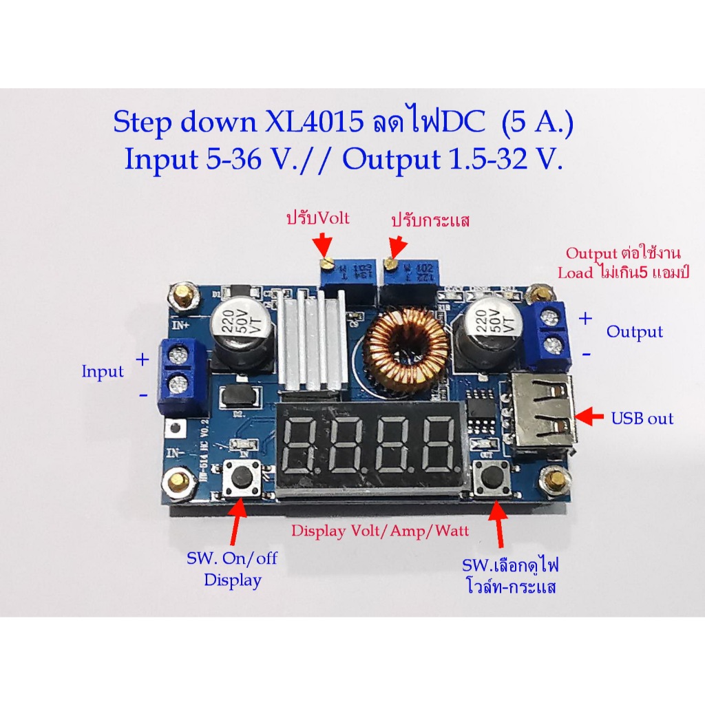 Stepdown XL4015 Moduleแปลงไฟ DC Input 5-36V / DC Output 1.5-32V.(USB Out) กระแสออกไม่เกิน 5 Amp. พร้อมDisplay Voltmeter