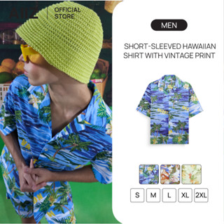 AIIZ เสื้อเชิ้ตฮาวายผู้ชายแขนสั้นพิมพ์ลายวินเทจ