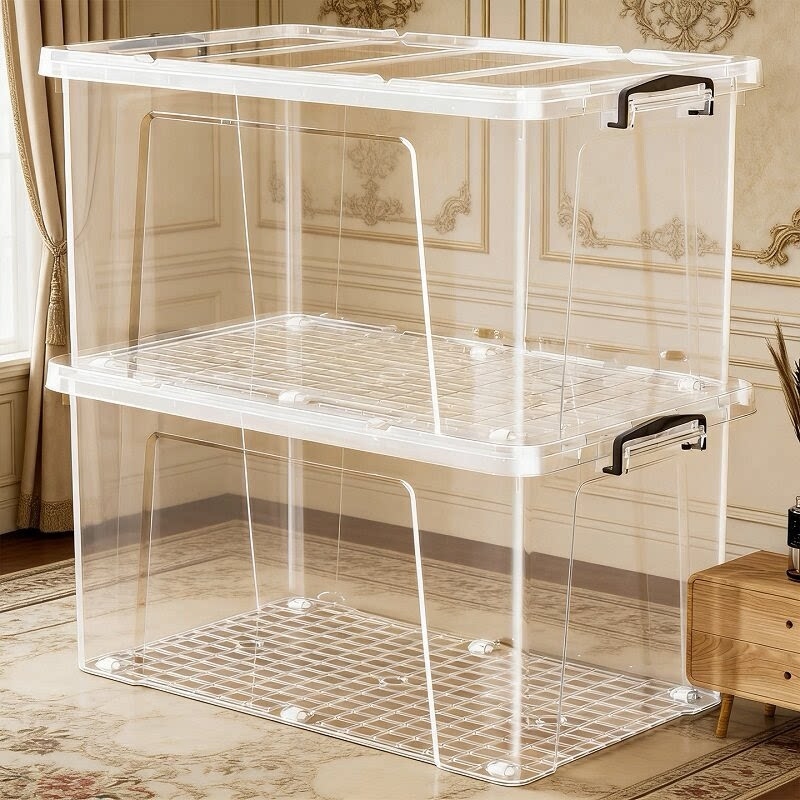 กล่องเก็บของ กล่องพลาสติก 60/80/100/300 ลิตร มีล้อ สีโปร่งใส ใช้เก็บของ เก็บเสื้อผ้า แบบอเนกประสงค์