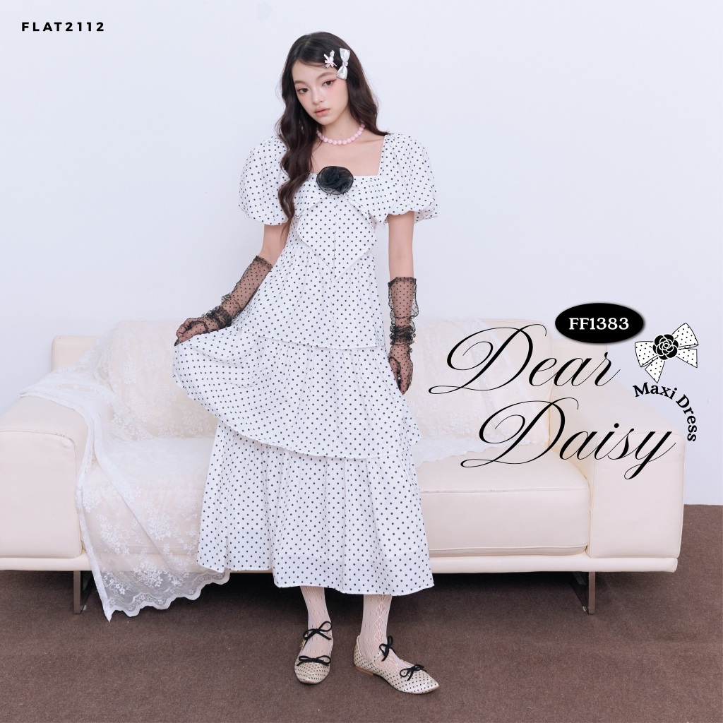FLAT2112 : DEAR DAISY MAXI DRESS เดรสยาวลายจุด เดรสระบายชั้น เดรสแขนพอง เดรสพรางหุ่น เดรสสไตล์เกาหลี เดรสลูกคุณ (FF1383)
