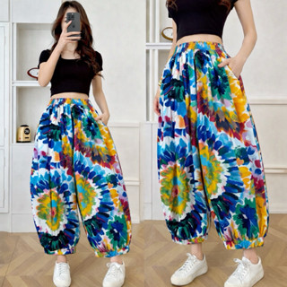 กางเกงจินนี่ ทรงบอลลูน ลายดอกไม้ (เอว25-38) ผ้าไหมญี่ปุ่น นุ…