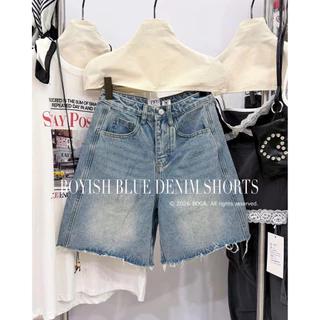 📍พร้อมส่ง📍10832🇰🇷FSY🇰🇷 Boyish blue denim shorts • กางเกงขาสั้นทรงบอยอิสผ้ายีนส์สีอ่อนทรงกระบอก ปลายขาตัดดิบ