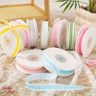 🇹🇭🚀💥(แบ่งตัด 1 หลา) ริบบิ้นผ้ากรอสเกรน ขอบลูกไม้ ลายจุด Polka Dot โทนสีสวยสดใส ผูกโบว์ ผูกของขวัญ
