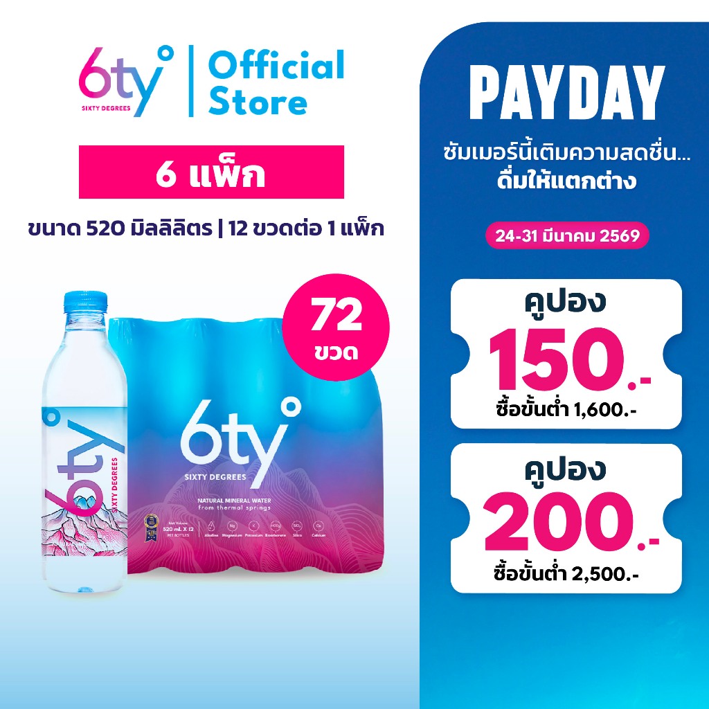 [ส่งฟรี] 520ml 6 แพ็ก 72 ขวด นํ้าแร่ 6ty Degrees Mineral Water น้ำแร่ธรรมชาติ 100% จากแหล่งน้ำแร่เชี