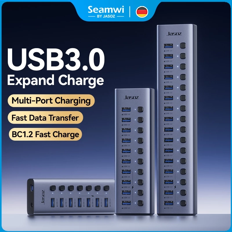 Seamwi USB 3.0 HUB 7/10/16 พอร์ต แบบพกพา พร้อมสวิตช์แยก 5Gbps การส่งผ่านความเร็วสูงรองรับ