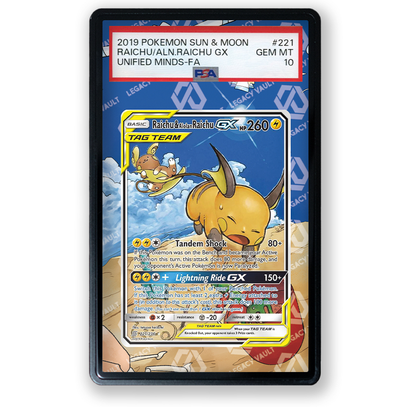 899-(โปรดอ่านรายละเอียดและภาพหน้าสุดท้าย) - Full Art PSA Raichu & Alolan Raichu GX #221 Unified Mind
