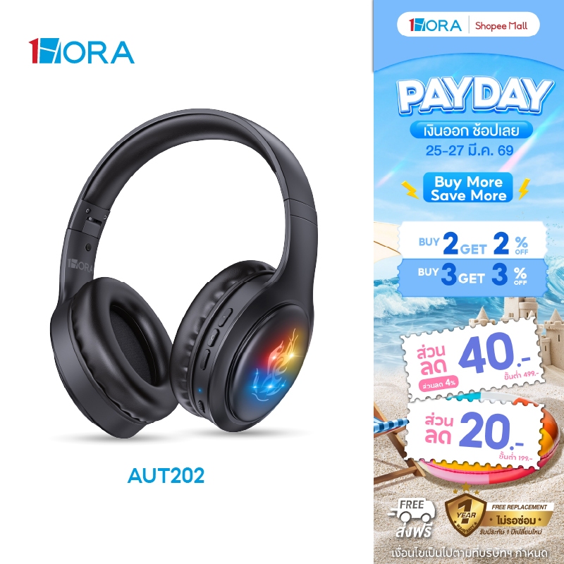 1HORA รุ่น AUT202 หูฟังครอบหู หูฟังบลูทูธไร้สาย Bluetooth Headphone บลูทูธ 5.1 สี Black AUX3.5mm/TF 